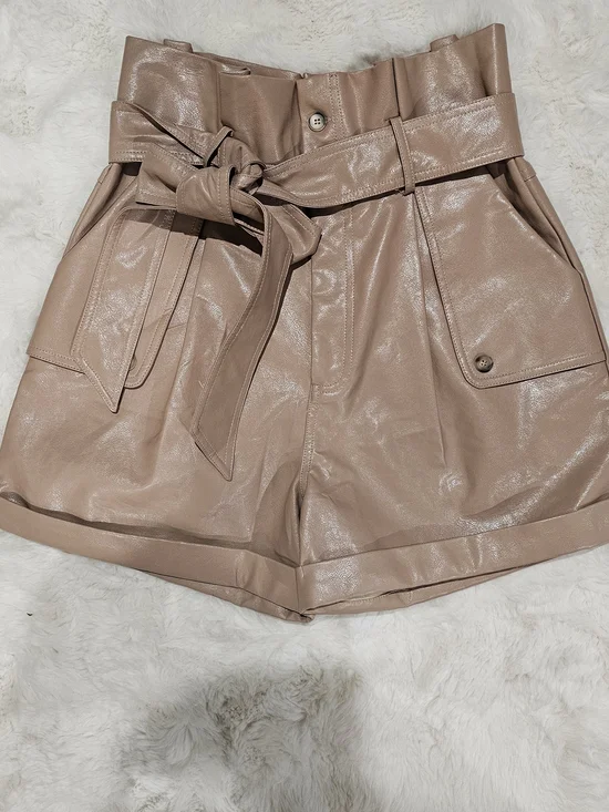 Karie Faux Leather Paperbag Waist Shorts NWT Taupe Belted Size Medium - Picture 1 of 6